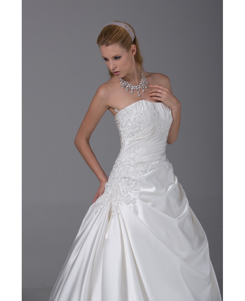 Beaded Lace Pleated White Ballgown Satin Wedding Dress