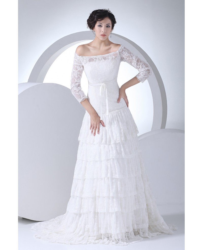 Lace 3/4 Sleeves Aline Layered Wedding Dress Off Shoulder