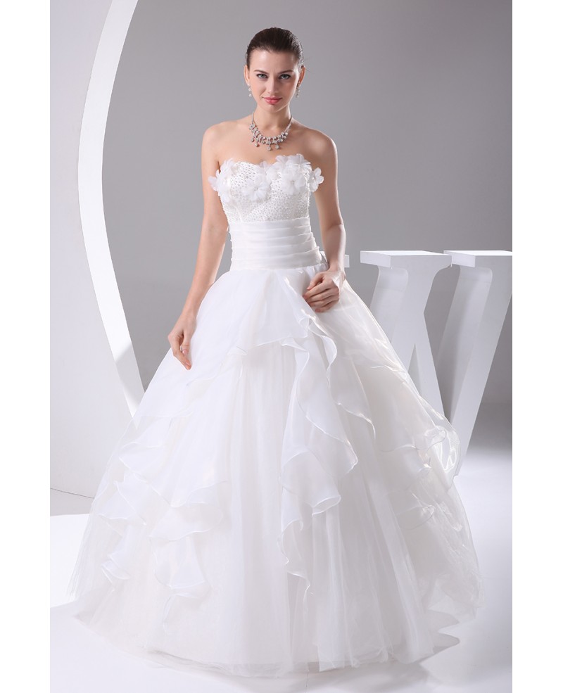 Organza Ballgown White Wedding Dress with Handmade Flowers