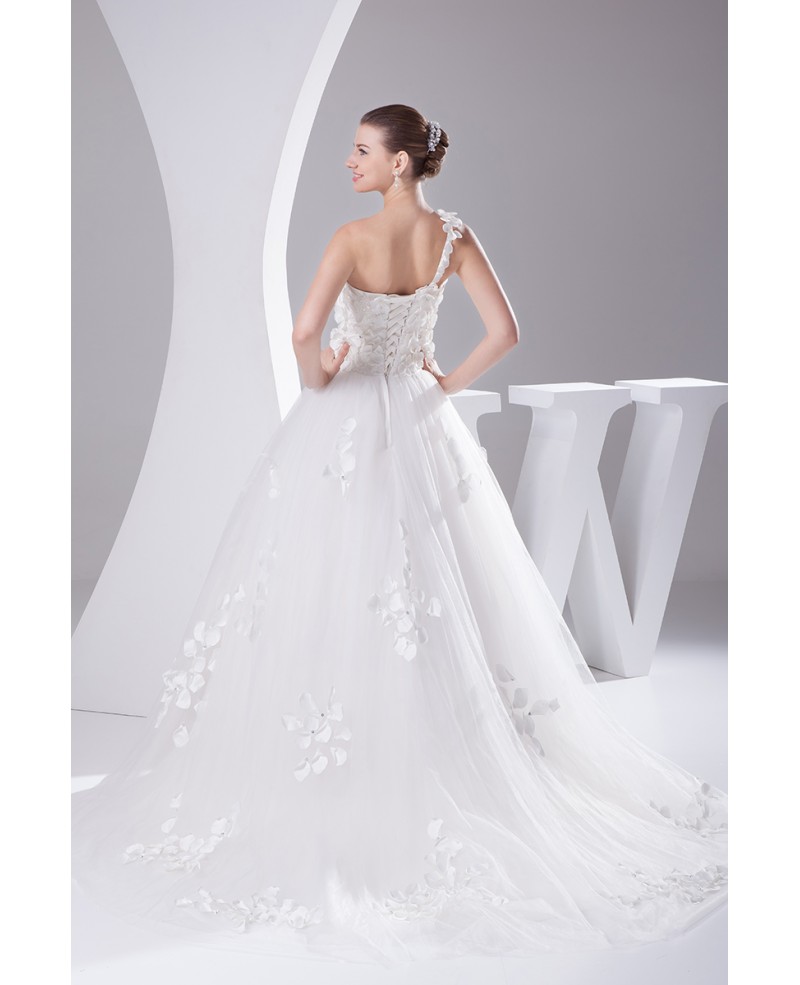 Beautiful Handmade Flowers One Shoulder Aline Tulle Wedding Dress - Click Image to Close