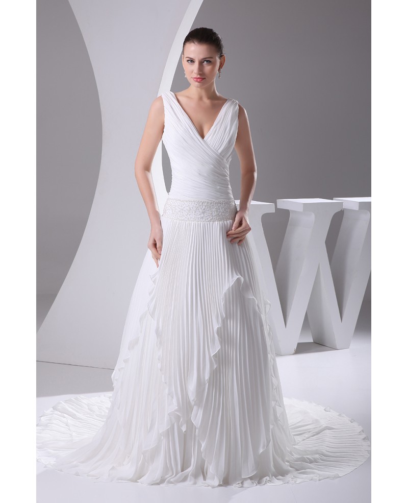Pleated Chiffon V-neck Wedding Dress Long Train