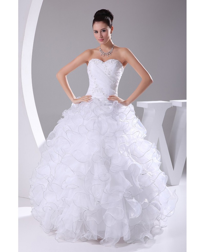 White Sequined Sweetheart Cascading Ruffles Wedding Dress Ballgown