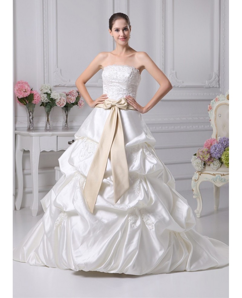 Classic Beaded Taffeta Strapless White with Champagne Sash Wedding Dress