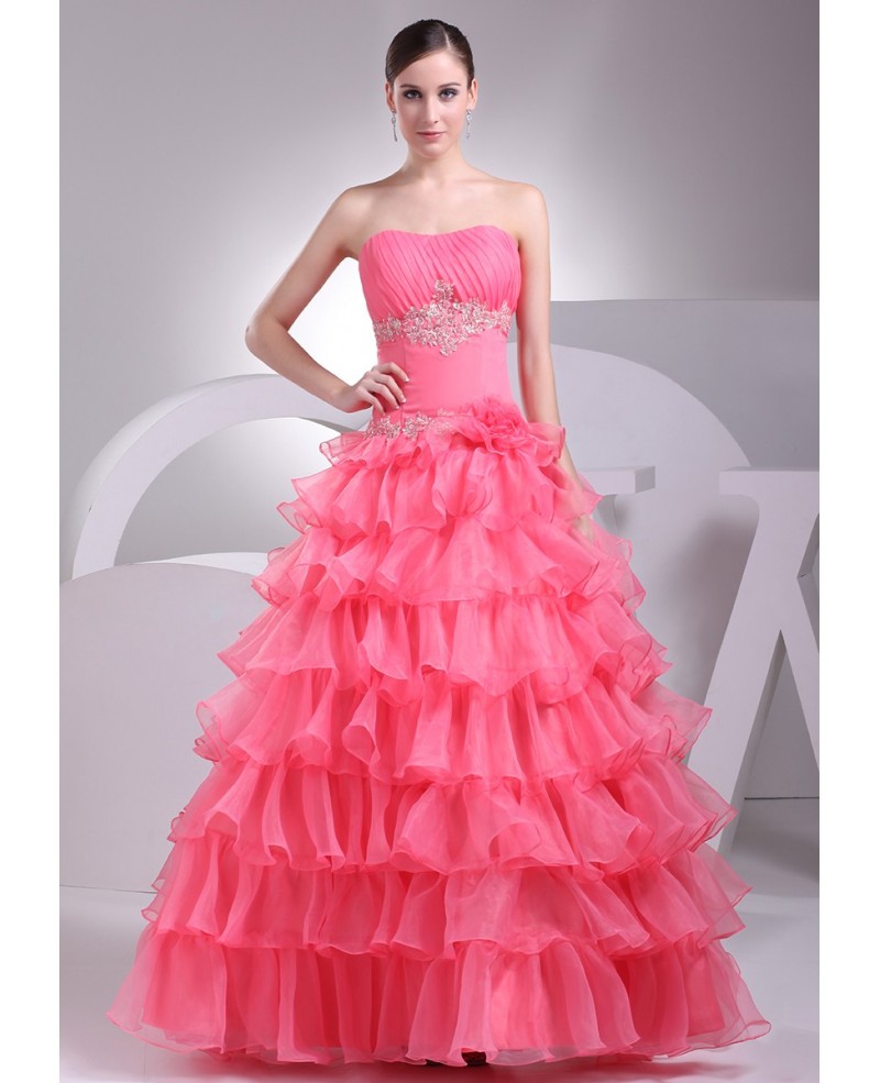 Watermelon Colored Cascading Ruffles Wedding Dress with Bling