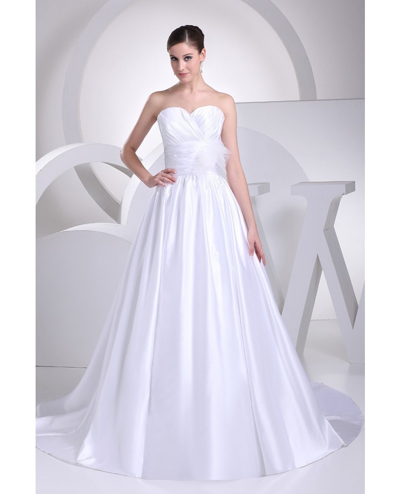 Sweetheart Aline Empire Waist White Satin Wedding Dress with Flower