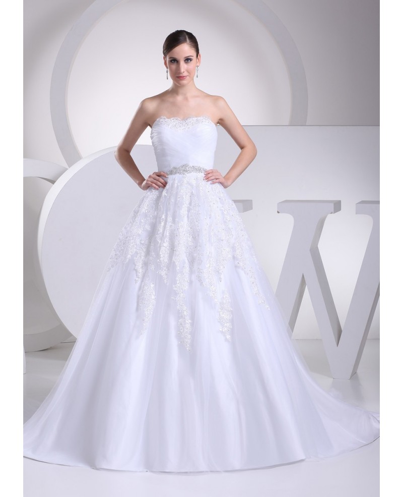 White Lace Organza Train Length Wedding Dress with Bling - Click Image to Close