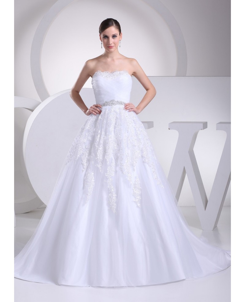 White Lace Organza Train Length Wedding Dress with Bling