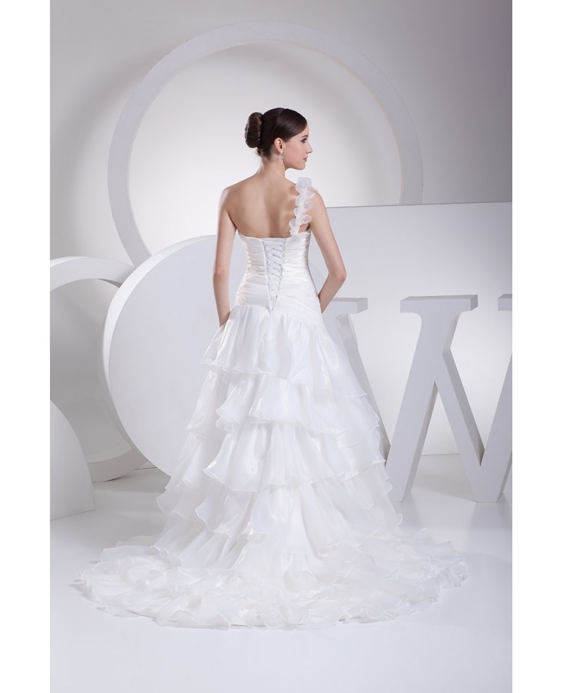 Organza Cascading Ruffles One Floral Shoulder Wedding Dress