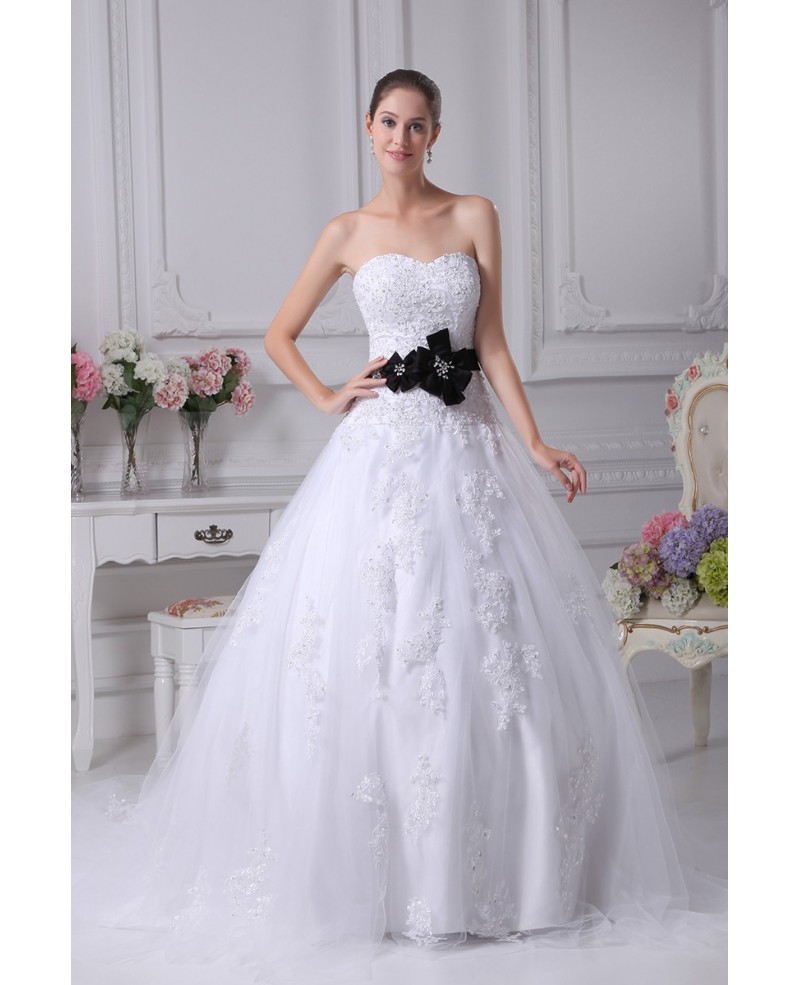 Sequined Lace Tulle Ballgown Wedding Dress with Sash