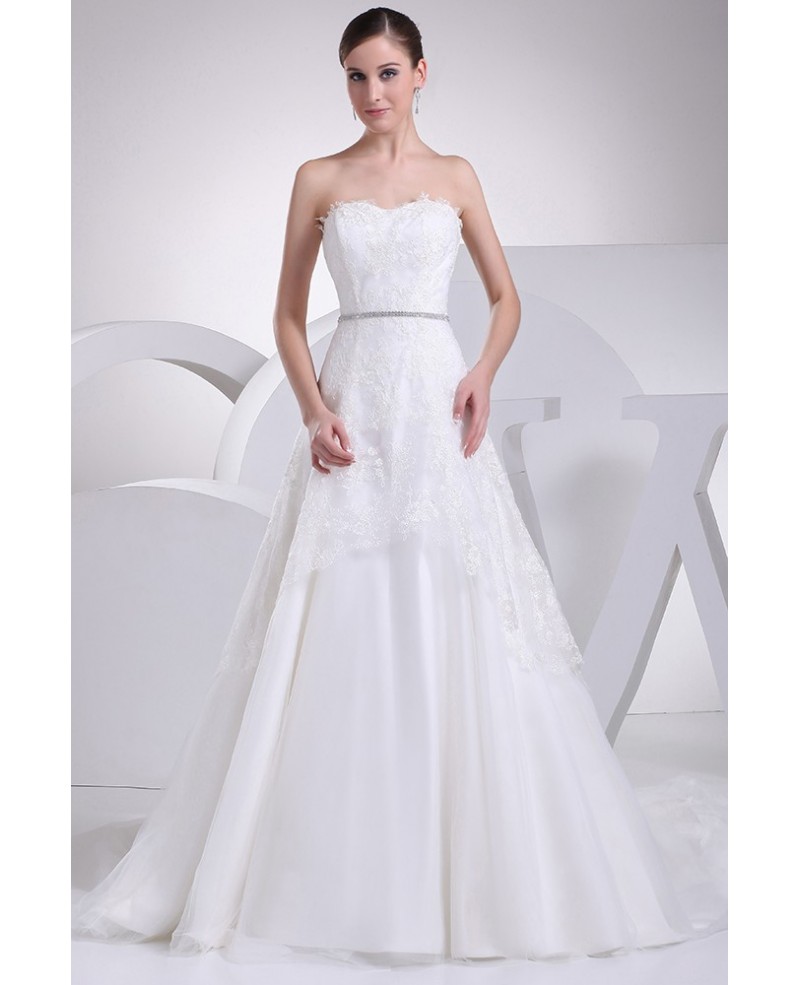 Aline Lace Train Length Strapless Wedding Dress with Crystals