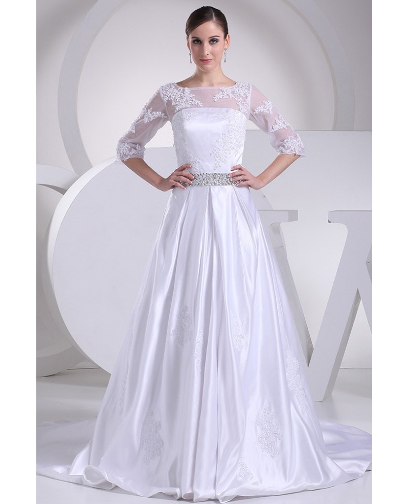 Modest Lace 3/4 Sleeves Beaded Satin Wedding Dress Custom