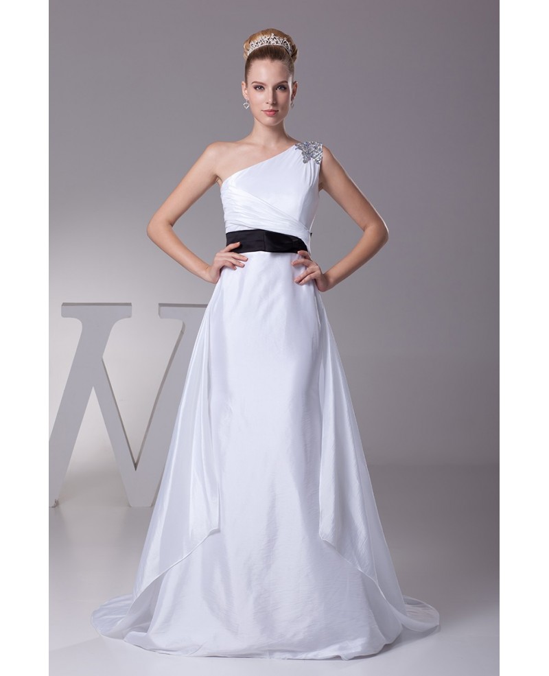 Simple One Shoulder Taffeta White with Blue Sash Wedding Dress