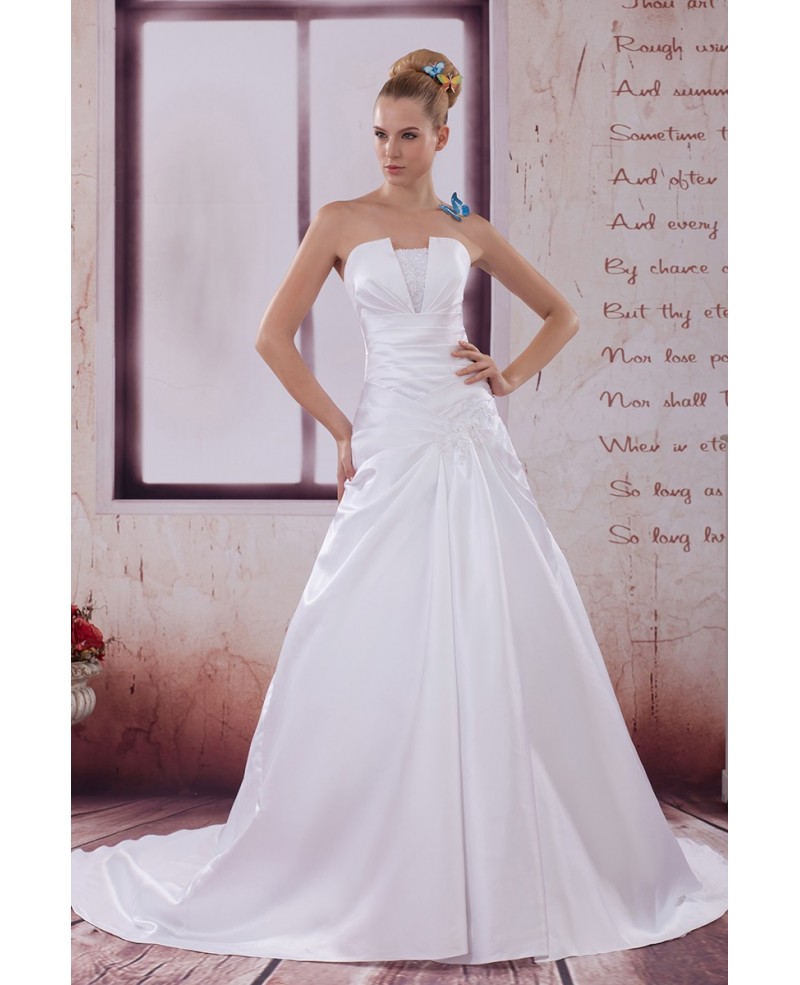 Aline Pleated Satin Strapless Wedding Dress with Train