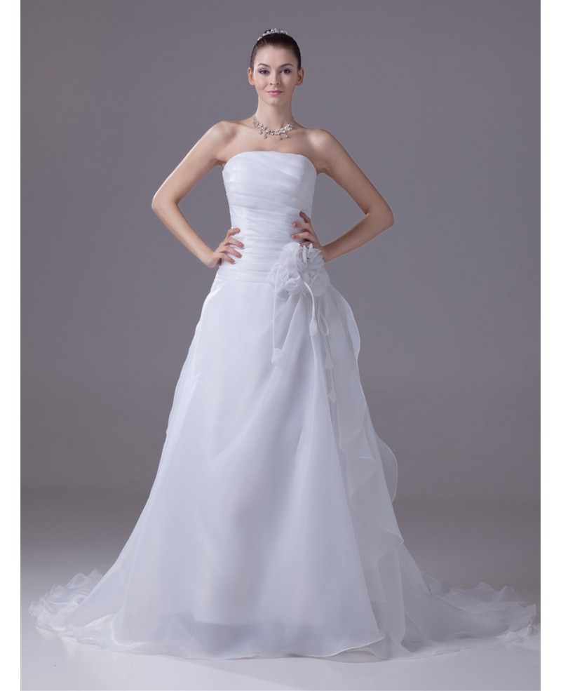 Strapless Pleated Organza Aline Wedding Dress with Flower