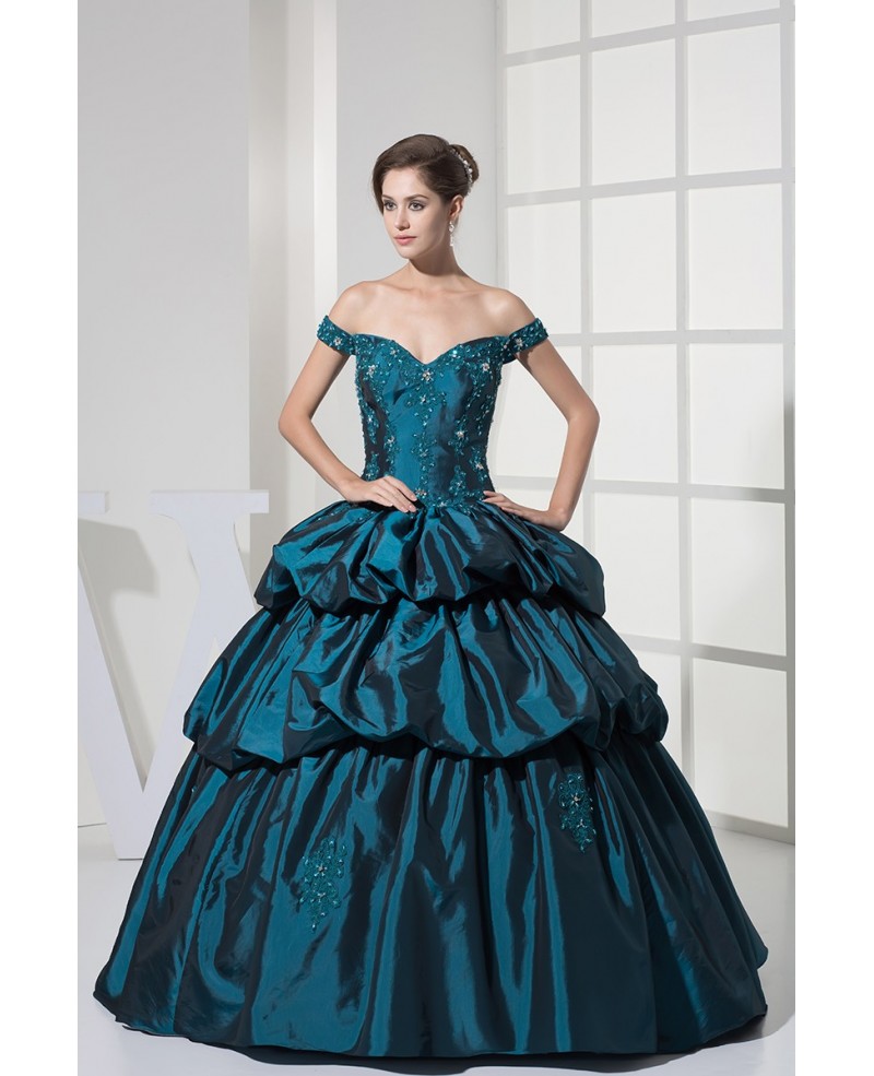 Off the Shoulder Ink Blue Lace Taffeta Ballgown Color Wedding Dress