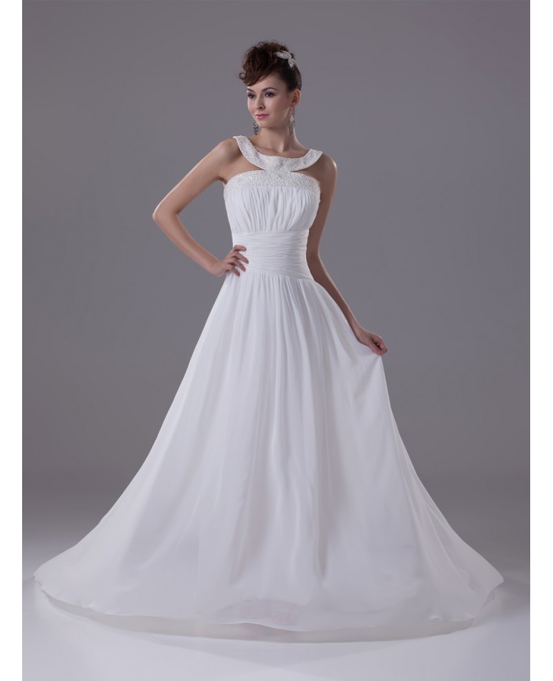 Beaded High Neckline Long Chiffon Beach Wedding Dress with Train