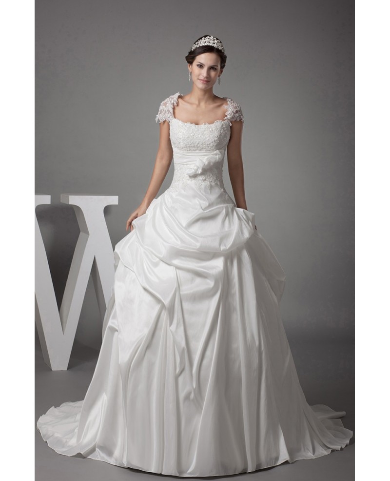 Lace Cap Sleeved White Ballgown Taffeta Wedding Dress - Click Image to Close