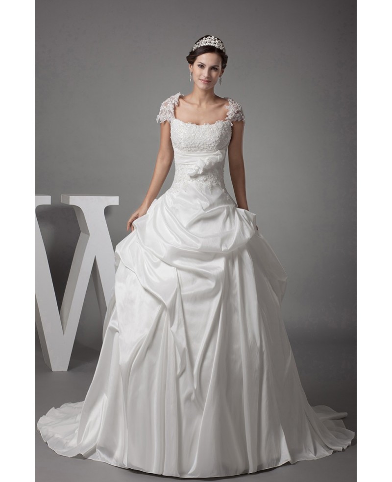 Lace Cap Sleeved White Ballgown Taffeta Wedding Dress