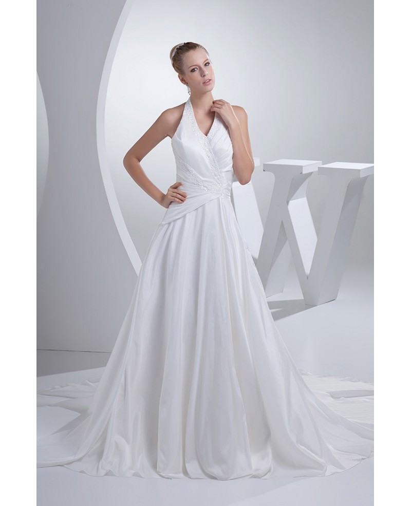 Long Halter Train Length Taffeta Wedding Dress Open Back