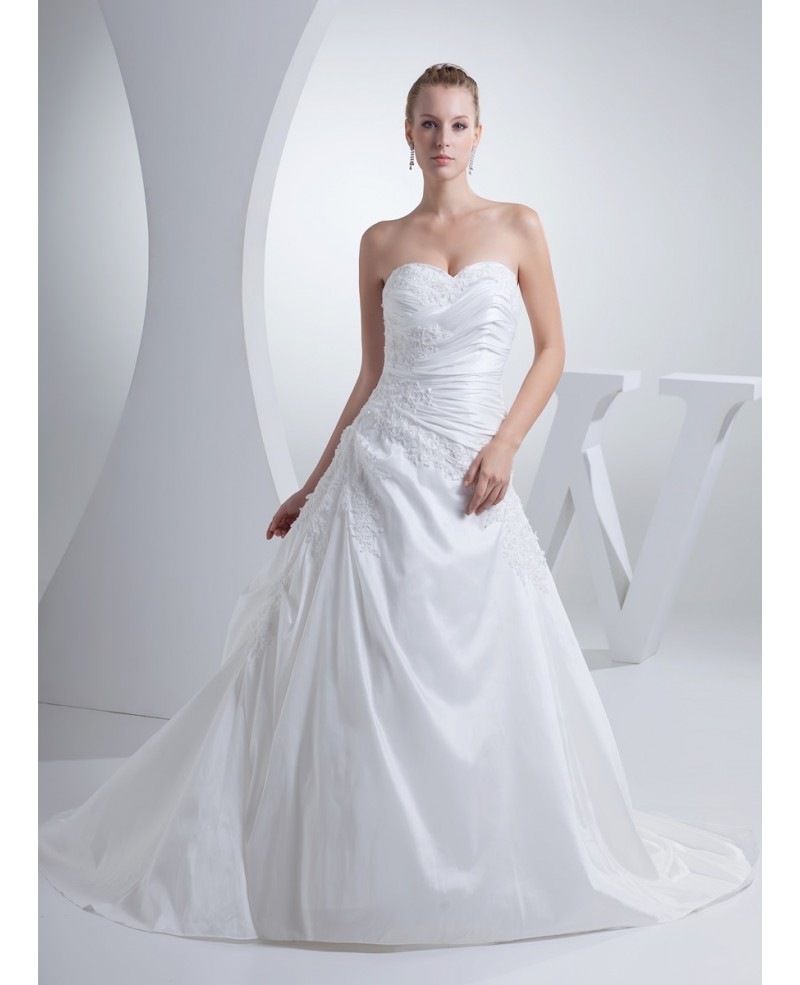 Pure White Pleated Taffeta Lace Wedding Dress Sweetheart