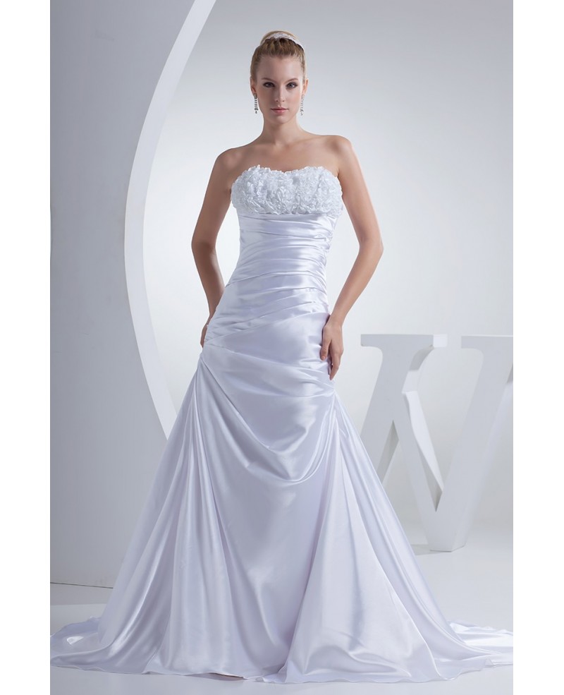 Floral Sweetheart Pleated Silky Satin Long Wedding Dress