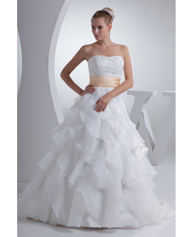 Organza Cascading Ruffles Wedding Dress with Champagne Sash