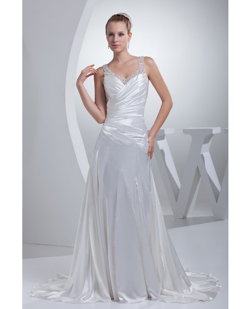 Sequined Straps Pleated Silky Satin Long Train Wedding Dress