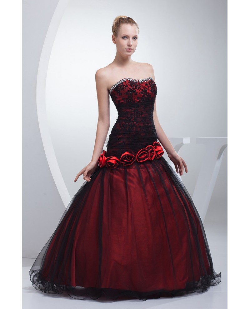 Gothic Black and Red Floral Ballgown Tulle Color Wedding Dress