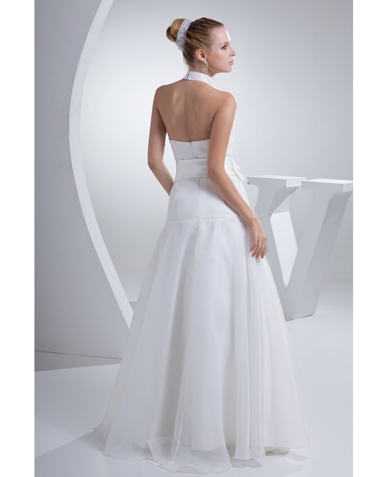 Chic Long Halter Vneck Satin Wedding Dress with Bow Sash