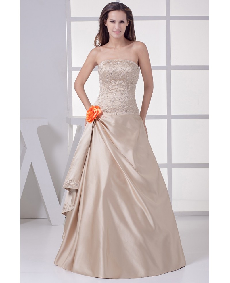Strapless Embroidered Champagne Color Wedding Dress with Flower