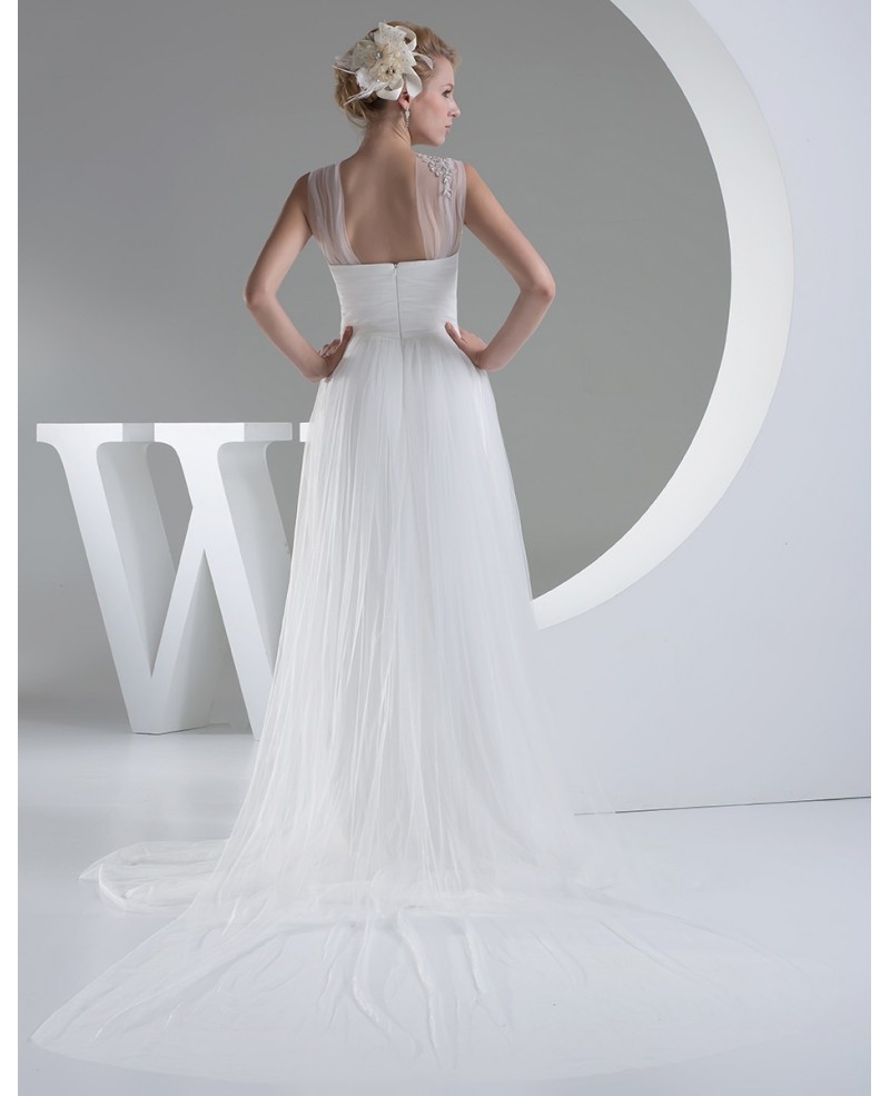 Elegant White Long Tulle Wedding Dress with Train