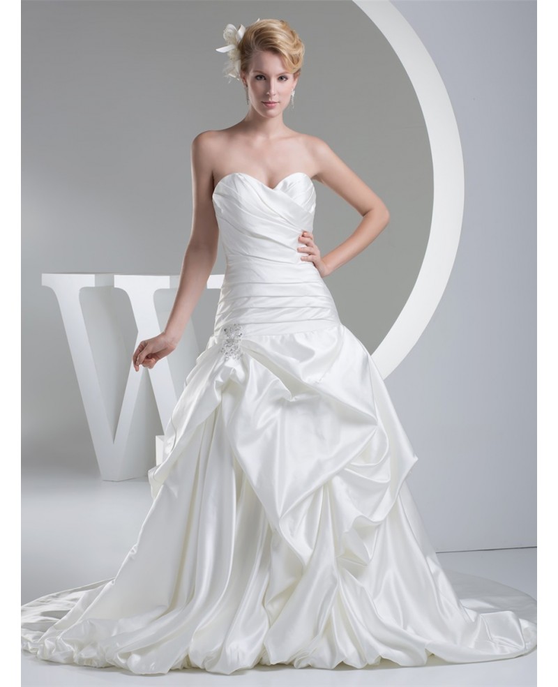 Ivory Satin Pleated Sweetheart Ruffled Wedding Dress