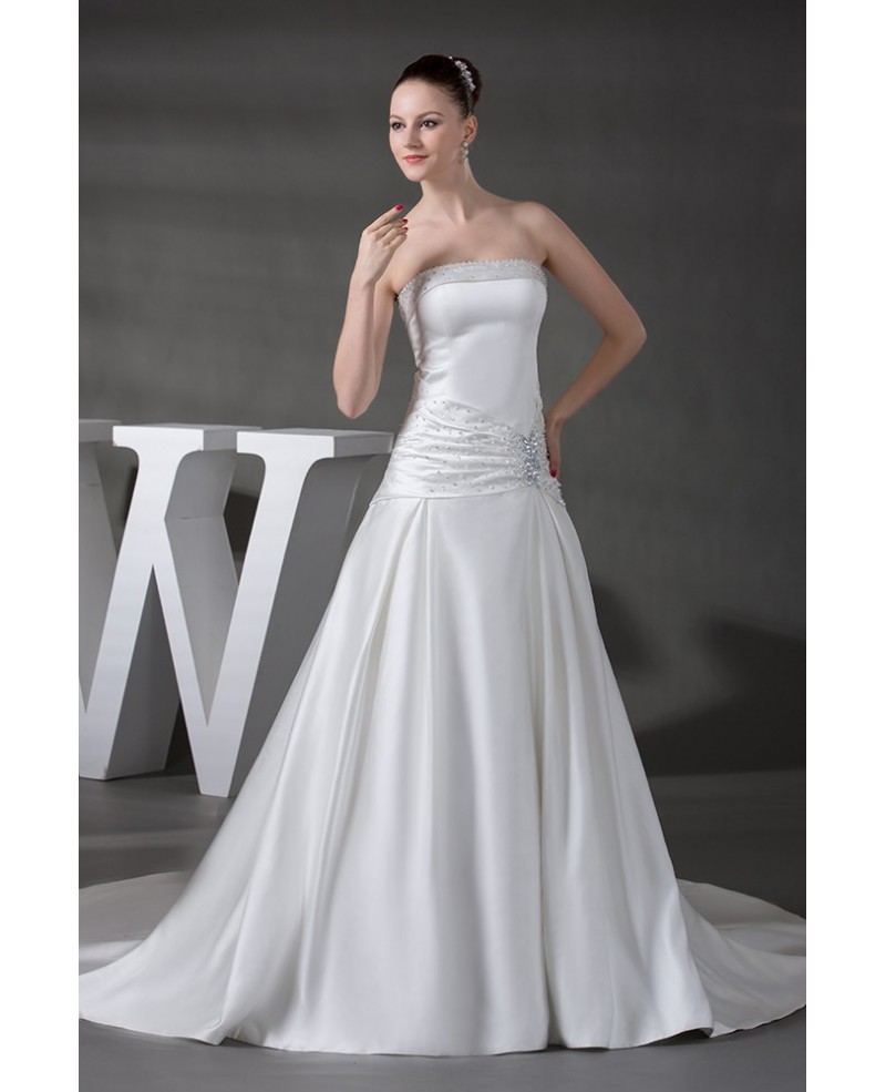 Strapless Beaded Satin Wedding Dress with Train