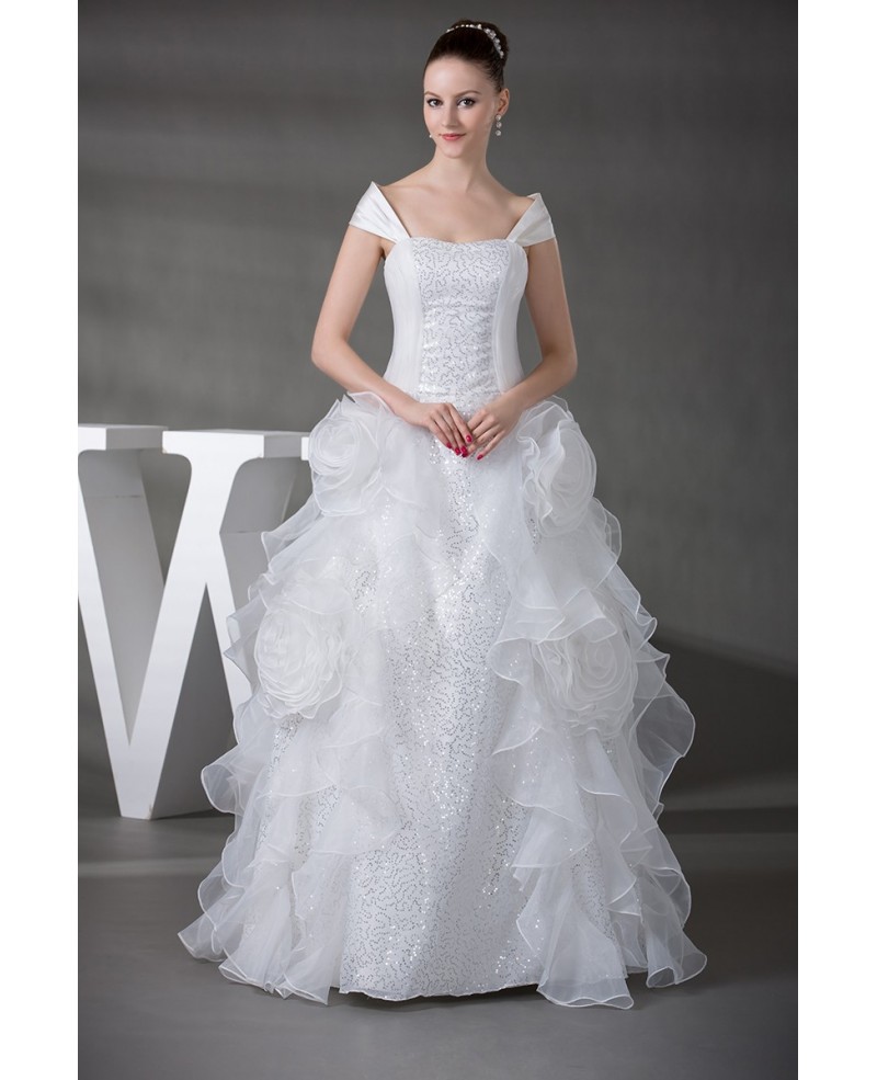 Off the Shoulder Cascading Ruffles Sequined Wedding Gown - Click Image to Close