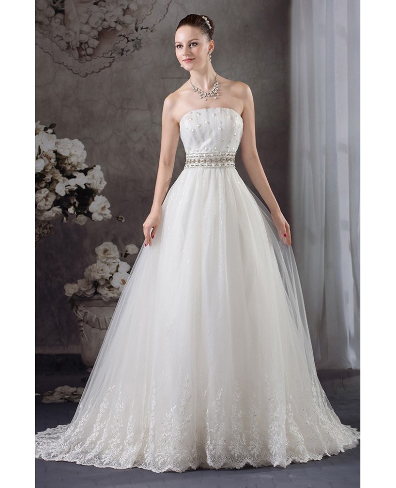 Strapless Lace Tulle Beaded Wedding Dress with Bling - Click Image to Close