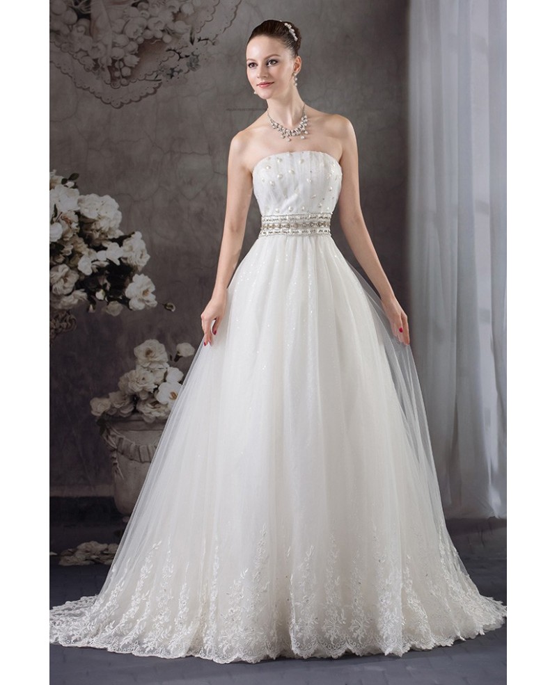 Strapless Lace Tulle Beaded Wedding Dress with Bling