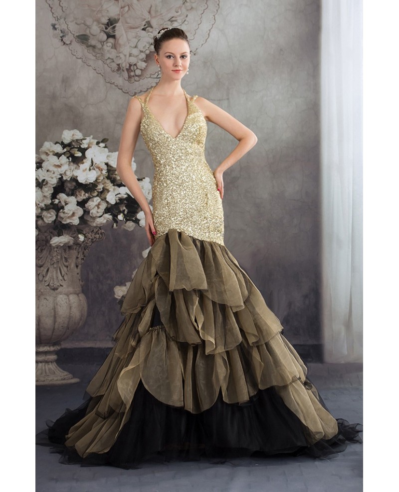 Chic Gold with Black Long Halter Vneck Mermaid Formal Dress - Click Image to Close
