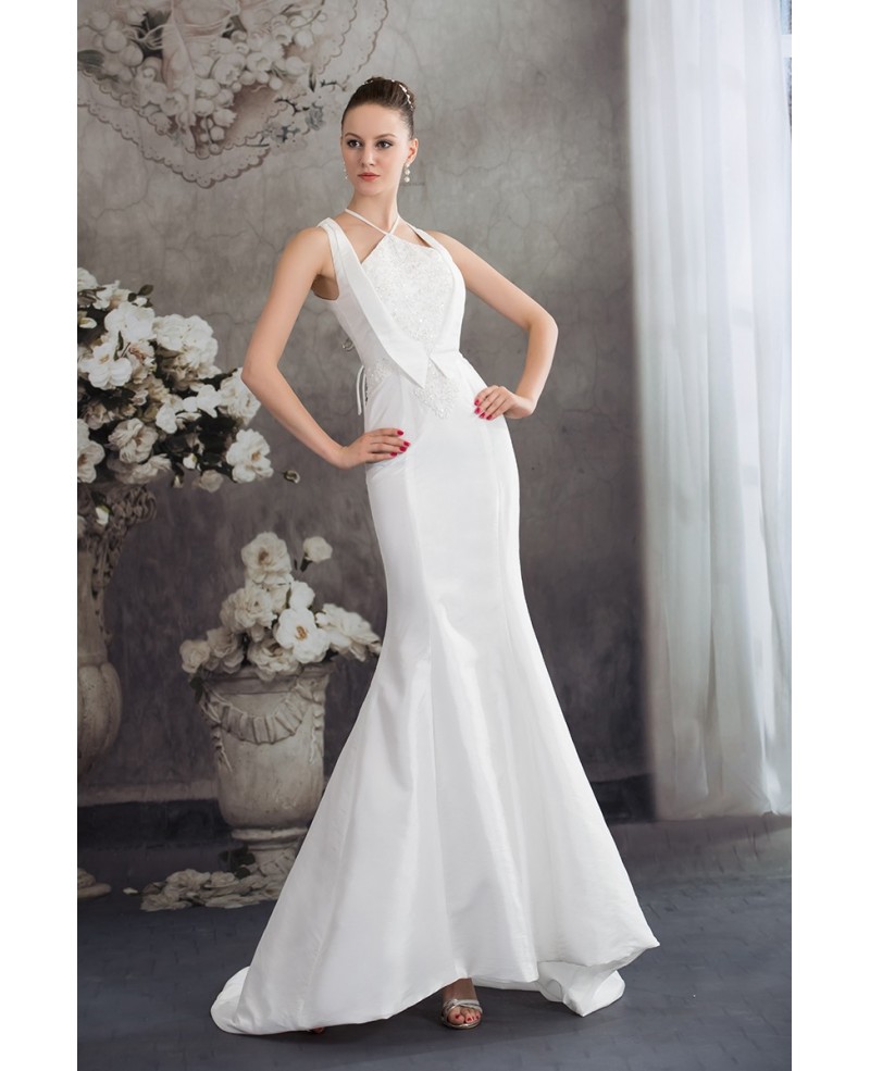 Long Halter White Fitted Mermaid Taffeta Wedding Dress