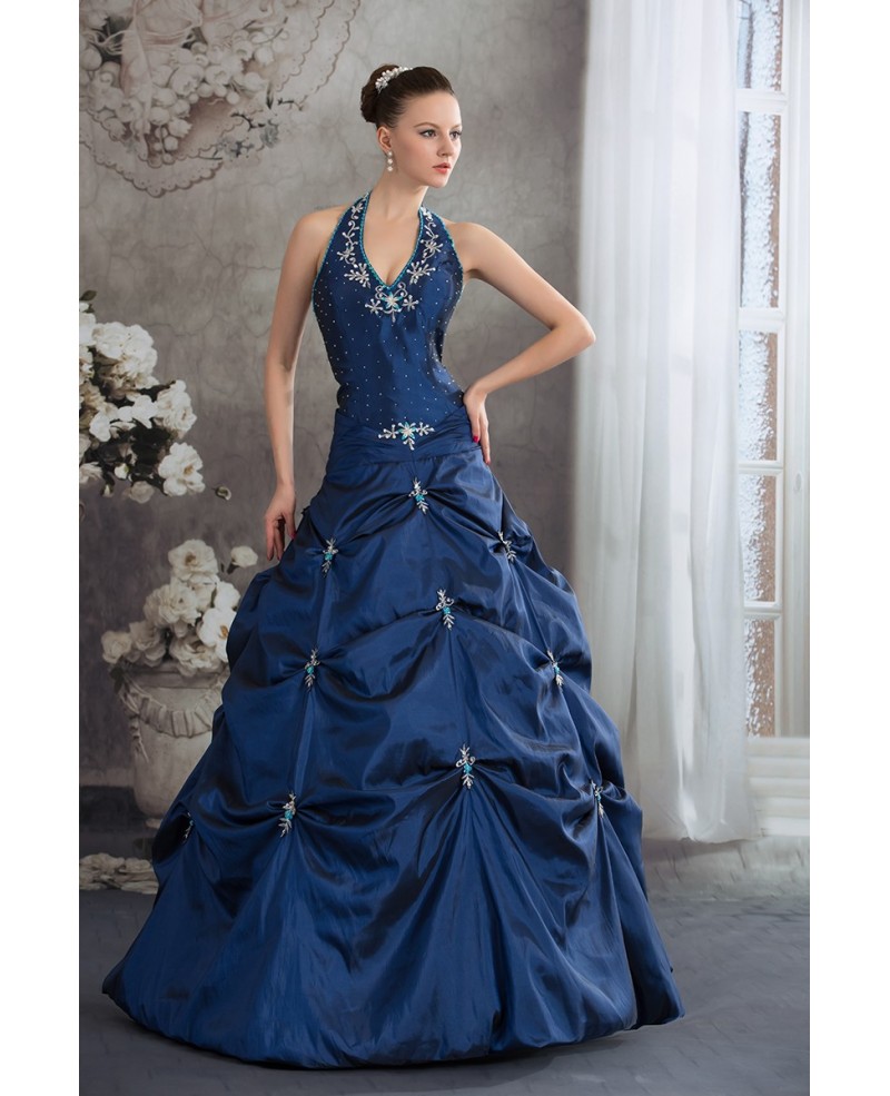 Royal Blue Beaded Long Halter Pickups Open Back Wedding Dress in Taffeta