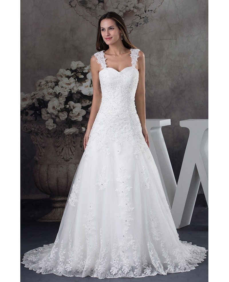 Sequined Lace Tulle Aline Wedding Dress with Straps