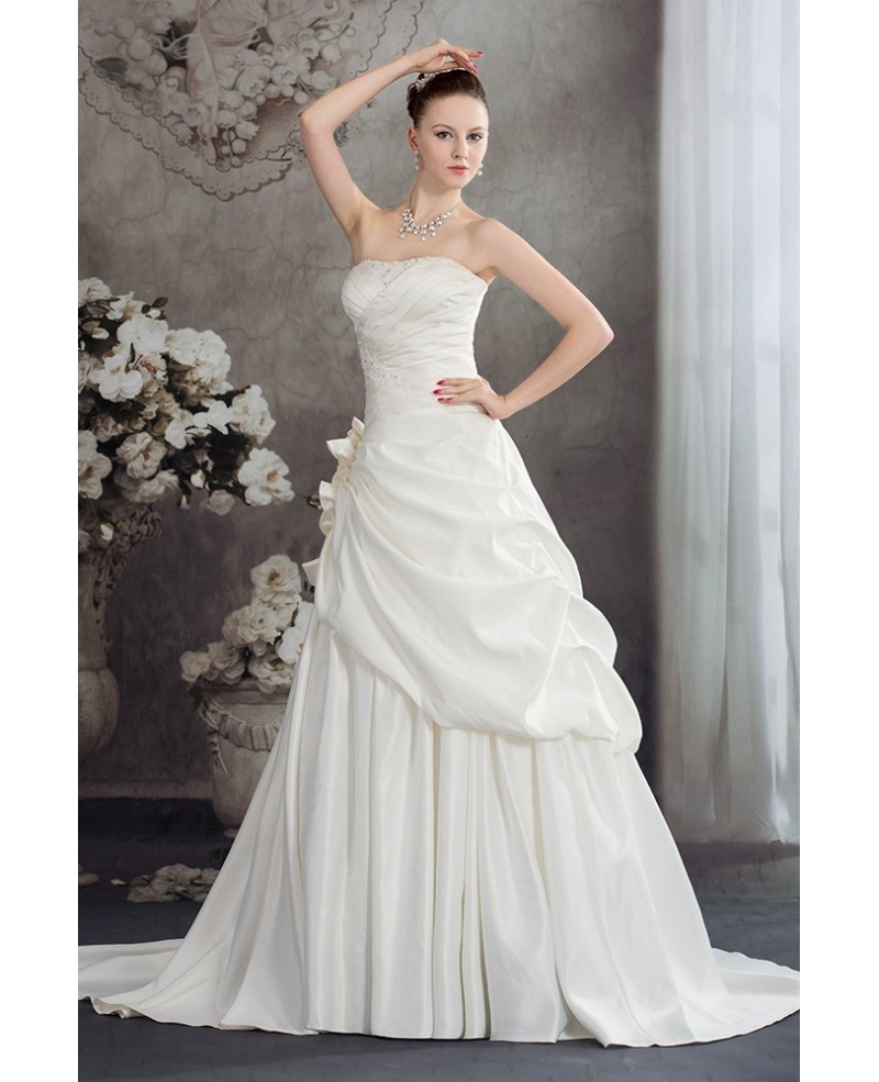 Ivory Pleated Strapless Wedding Gown with Flower - Click Image to Close