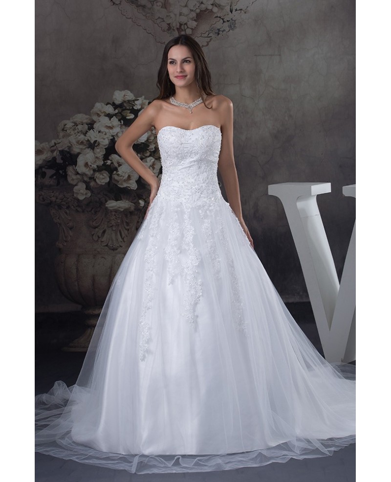 Strapless Long Train Tulle Lace Wedding Dress Sweetheart