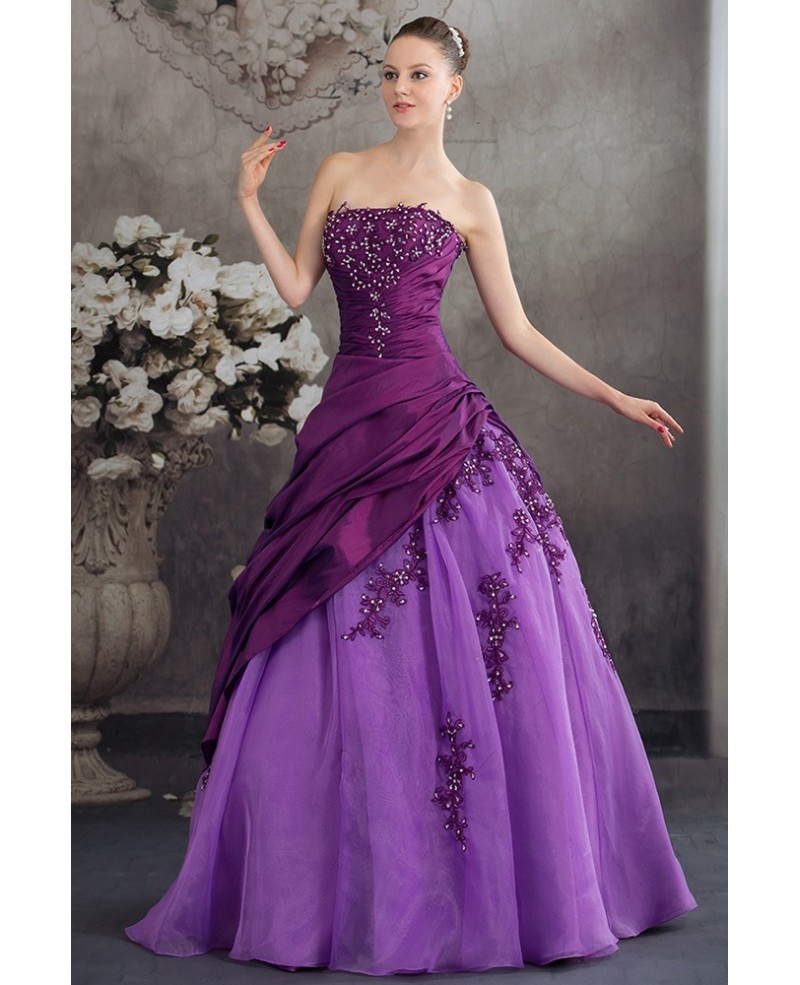 Purple Two-tone Strapless Pleated Wedding Dress with Beading