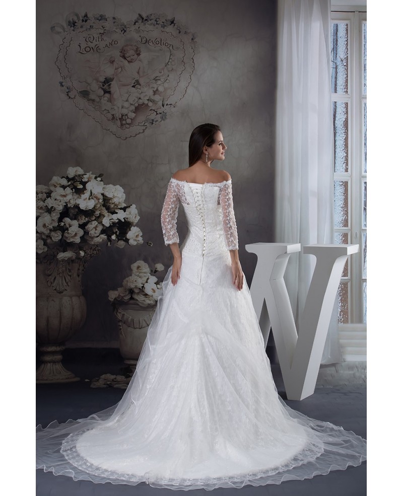 Lace 3/4 Sleeves Off the Shoulder Train Length Wedding Dress