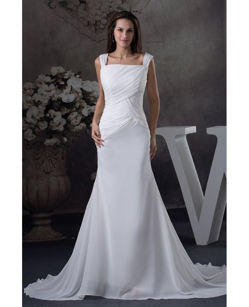 Pleated Square Neckline Chiffon Mermaid Beach Wedding Dress