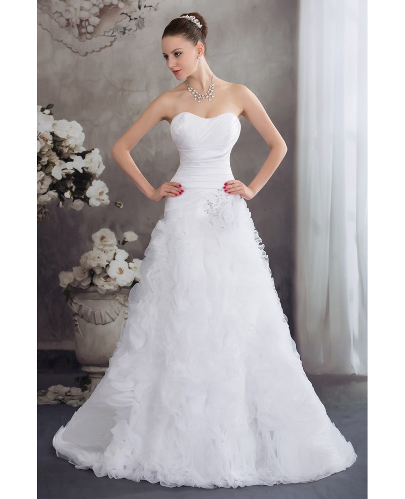 Satin with Organza White Handmade Flowers Wedding Dress Sweetheart