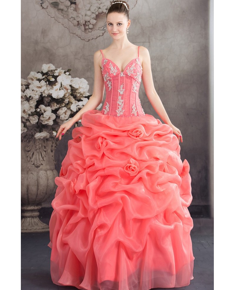 Unique Ruffled Organza Watermelon Red Wedding Dress with Straps