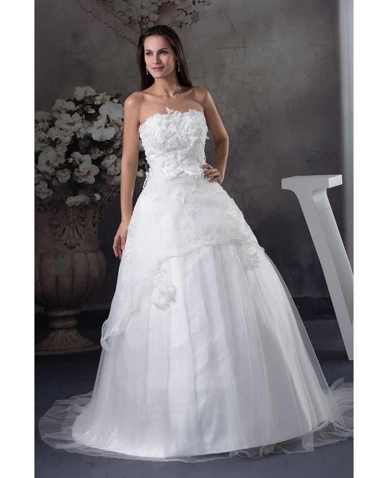 White Lace Tulle Strapless Ballgown Wedding Dress Custom - Click Image to Close