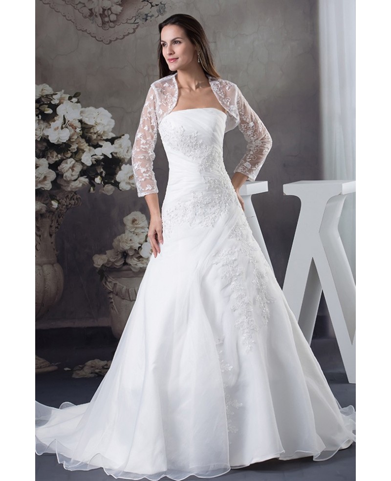 Strapless Organza Lace Wedding Dress with 3/4 Sleeves Jacket