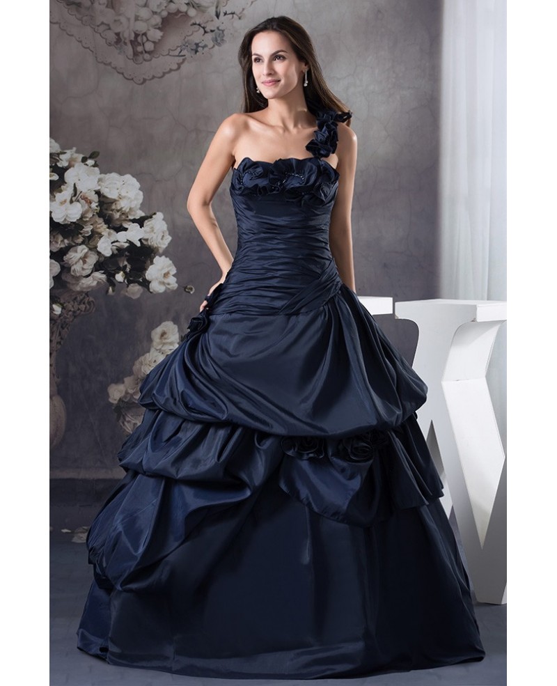 Navy Blue One Shoulder Ruffled Taffeta Color Wedding Dress